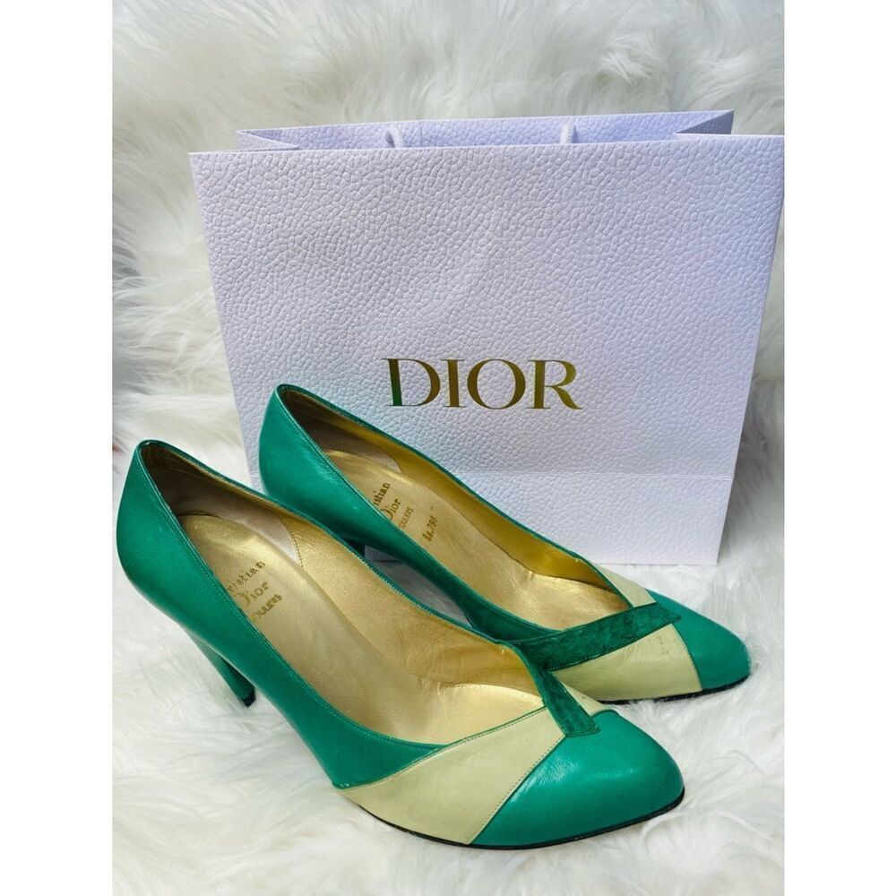 🛍️ Dior (from 1953-63) Authentic Emerald Green, Cream & Gold Color-block Pumps